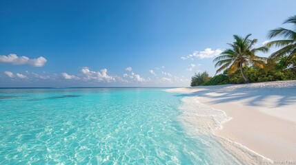 Fototapeta premium Turquoise waters lap gently against a white sand beach fringed by swaying palm trees, a picture of tropical paradise.