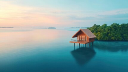 Fototapeta premium A traditional wooden hut perches on stilts over the water, offering stunning views of the lagoon and the lush island beyond.