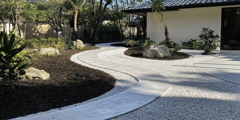Obraz premium A landscaped pathway featuring gravel and plants, leading to a modern building.
