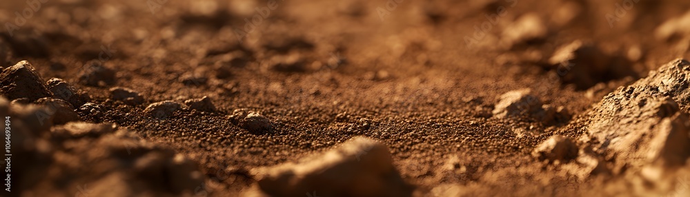 Poster close-up view of brown soil texture with small rocks and uneven surface