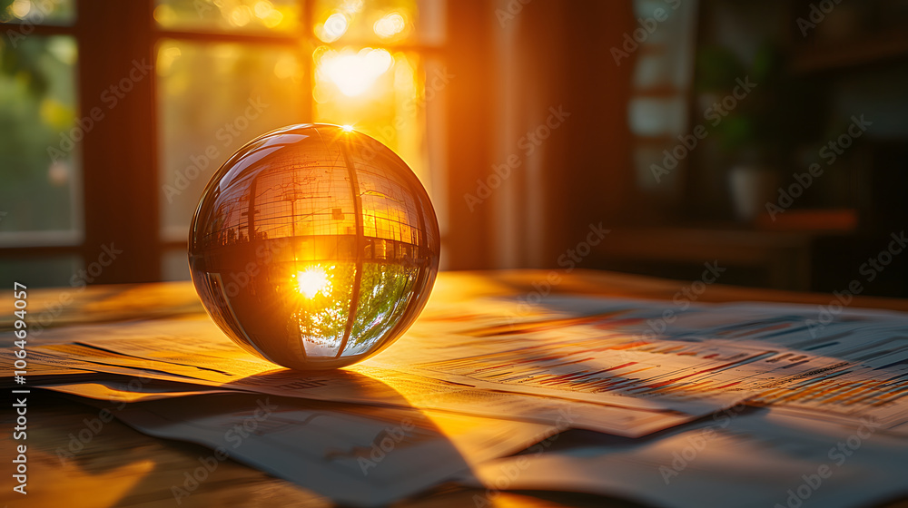 Poster a glass sphere reflects warm sunlight on a surface covered with papers, creating a serene and reflec