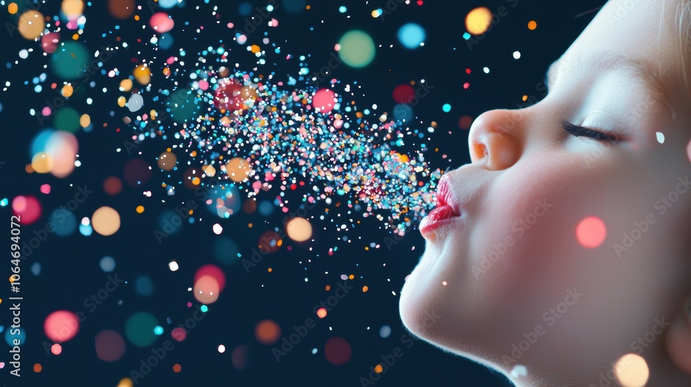 Poster a child blowing glitter into the air, creating a shower of shimmering particles that catch the light