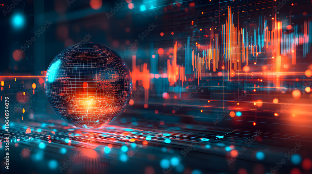 Poster A futuristic digital landscape featuring a glowing sphere surrounded by dynamic waveforms and vibrant particles, symbolizing technology and data.