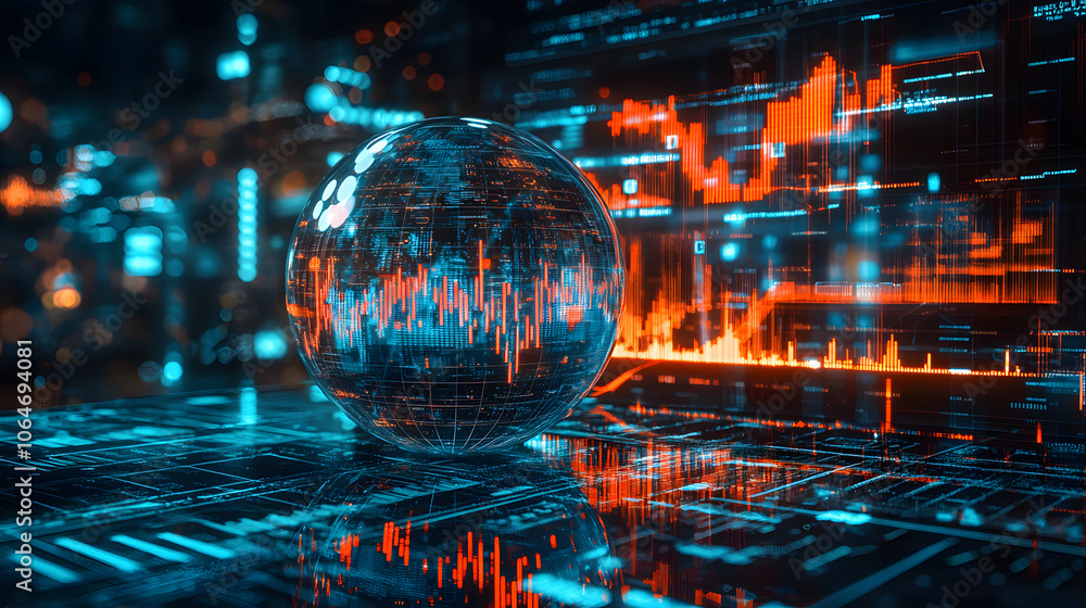 Aufkleber A futuristic, digital data visualization featuring a spherical element amidst glowing graphs and charts representing technology and analytics.