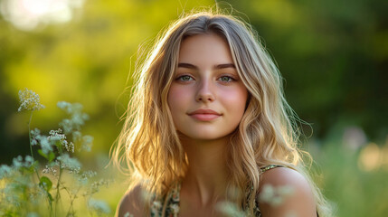 Naklejka premium Young woman smiling naturally in a sunlit field surrounded by wildflowers during summer afternoons