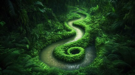Obraz premium A winding river surrounded by lush greenery in a dense jungle setting.