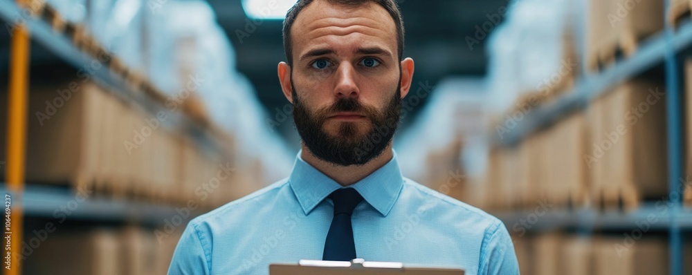 Poster warehouse manager supervising inventory with focused expression overseeing and planning strategies f