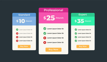 3 column comparison price chart template design for web business