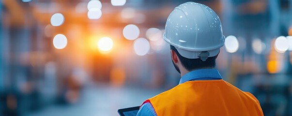 Warehouse team members using digital tablets to manage inventory track data and optimize complex logistics in a high tech deep depth of field setting