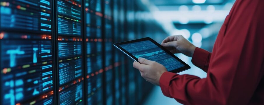 Warehouse team using digital tablets for advanced inventory management and streamlined logistics in a high tech modern industrial setting