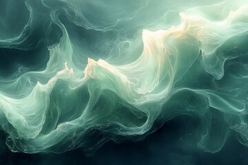 Fototapeta premium Dynamic background with waves in soft green and blue colors, with plenty of space for text on the left.