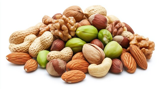 A pile of delicious selection of mixed nuts on white background