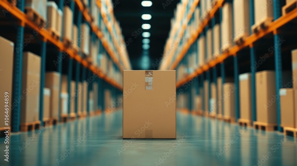 Poster rows of neatly stacked boxes in a modern well lit warehouse interior with a deep depth of field show