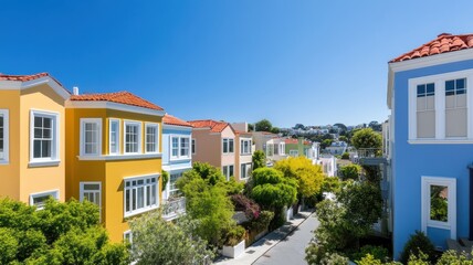 Fototapeta premium Charming residential street lined with vibrant, colorful houses under a clear blue sky.