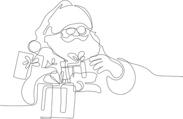 Outlined Cute Santa Claus Cartoon Character With A Sack Full Of Gifts. Vector Hand Drawn Illustration. One continuous line drawing Santa Claus on reindeer and sled. concept for Christmas and New Year