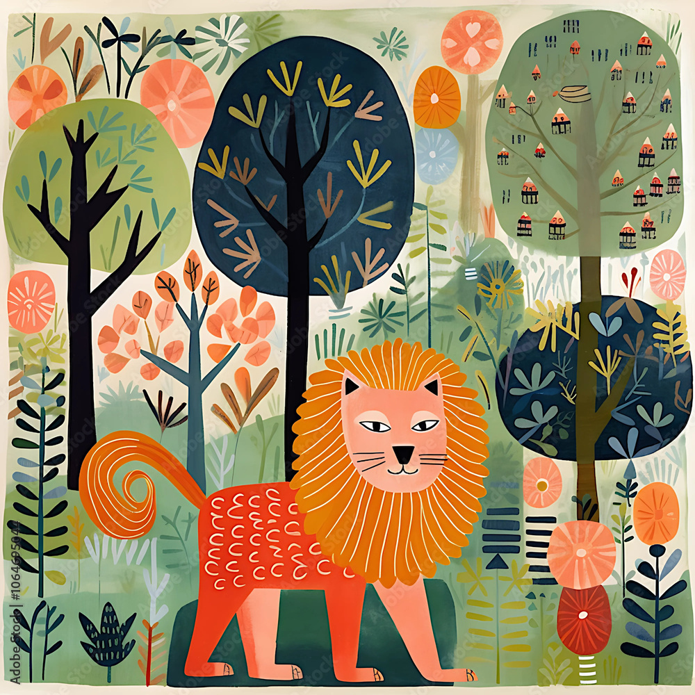 Canvas Prints CHILDREN'S BOOK ILLUSTRATION LION IN THE FOREST 