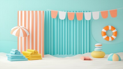 Obraz premium A beach scene with colorful banners promoting summer clearance sales, featuring swimsuits, beach towels, and summer essentials at discounted prices.