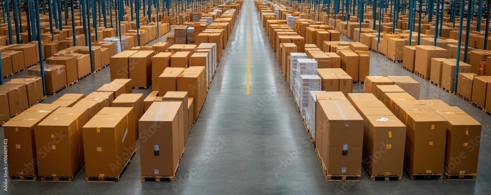Poster expansive view of a modern well organized warehouse interior featuring symmetrical aisles towering s