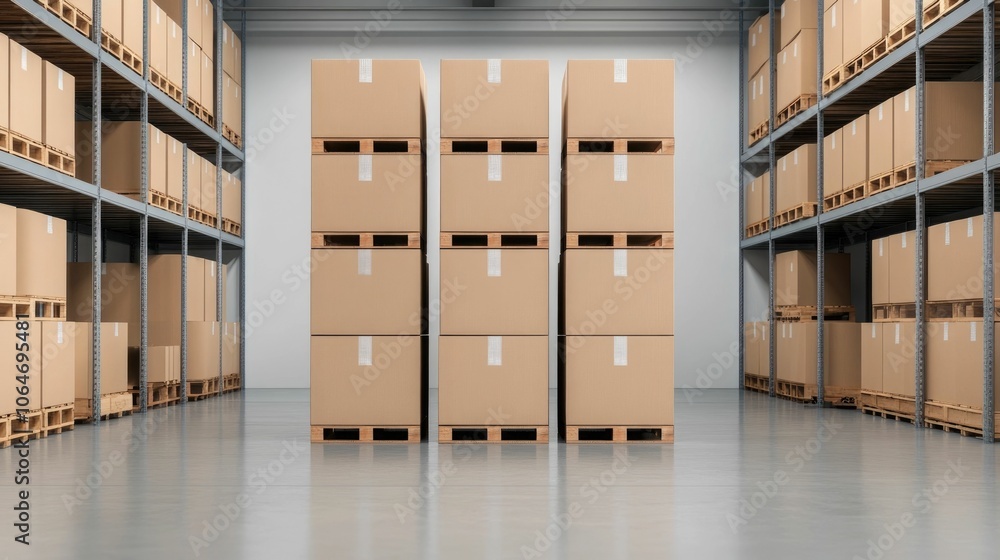Poster efficient and organized warehousing system with towering shelves and stacked boxes in a clean modern