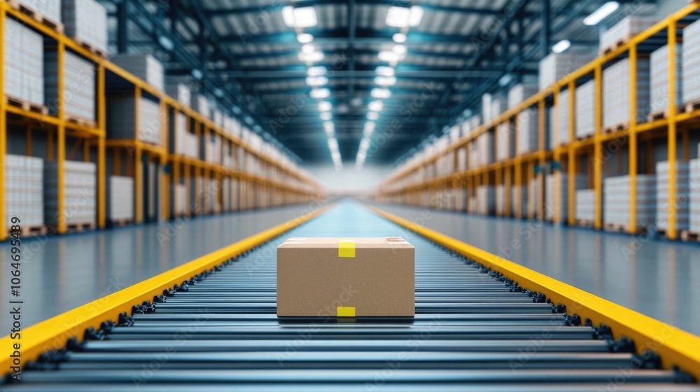 Poster modern distribution warehouse featuring smooth flowing conveyor belts neatly organized packages and 