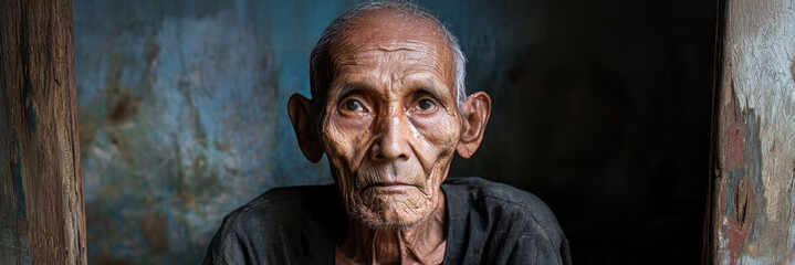 A close-up portrait of an elderly man, showcasing aged features and deep expression against a rustic backdrop.