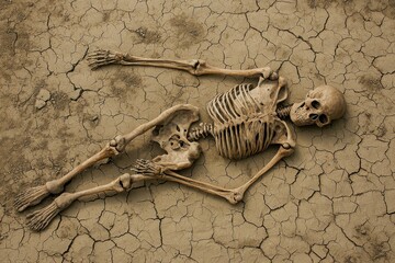 A human skeleton lies on cracked earth, illustrating themes of mortality, decay, and the passage of time against a desolate backdrop.