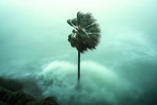 A palm tree stands resilient, facing the ocean as strong winds whip its fronds above crashing waves