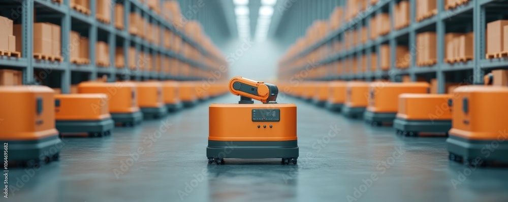 Poster seamless automated warehouse system with robotic arms and conveyor belts for efficient material hand