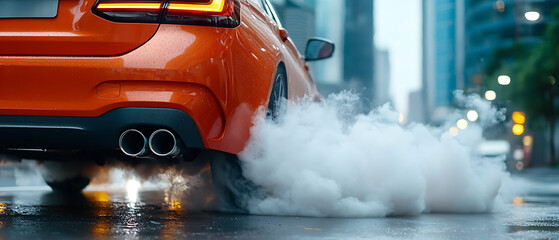 Dynamic urban scene an eye-catching orange car speeds away leaving a trail of smoke against a backdrop of tall city buildings
