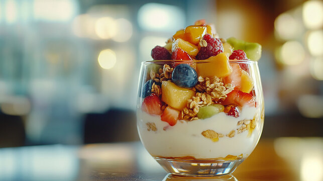Fresh fruit and low-fat yogurt parfait with honey dressing