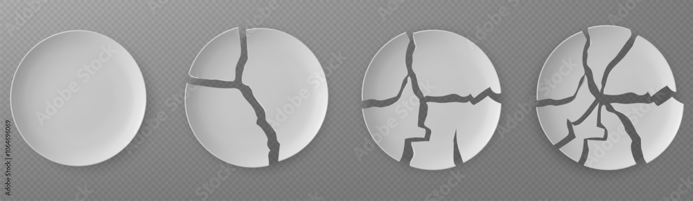 Poster progressive sequence showing white porcelain plate breaking into fragments. realistic 3d ceramic dis