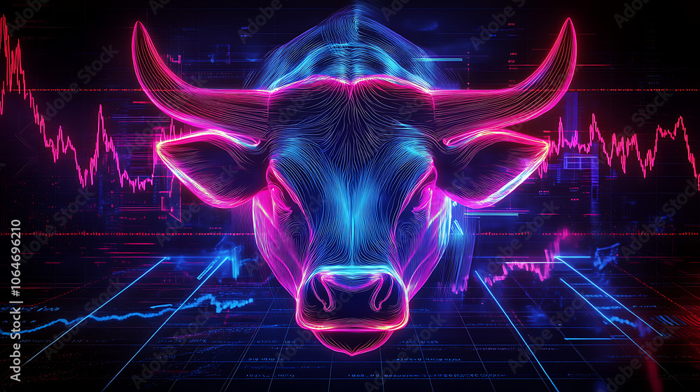 Poster neon bull in digital style with graph elements
