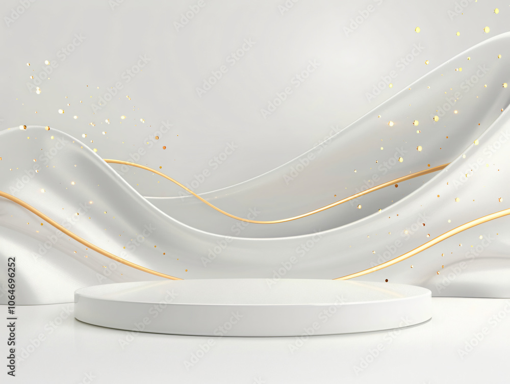 Poster a modern presentation backdrop featuring a smooth white surface with flowing waves and golden accent