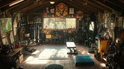 Fototapeta premium Workout in a Rustic, Vintage, Home Gym with Weight Plates and a Bench