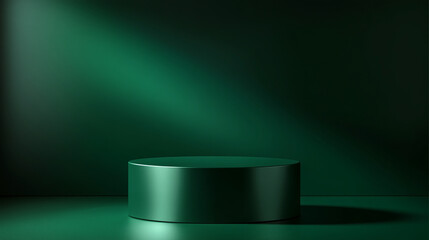 A minimalistic green platform illuminated by soft light in a darkened studio space