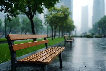 Fototapeta premium A serene urban park scene rain-soaked benches and lush greenery amidst modern skyscrapers