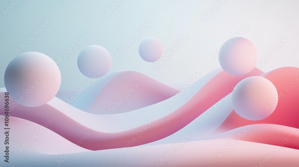 Poster abstract composition of spheres and waves in gentle pink and white tones set against a soft gradient