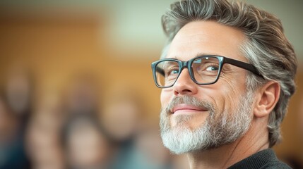 A professor with a warm smile and engaging demeanor leads a lively Q and A session in a university lecture hall, encouraging students to participate and ask thoughtful questions.