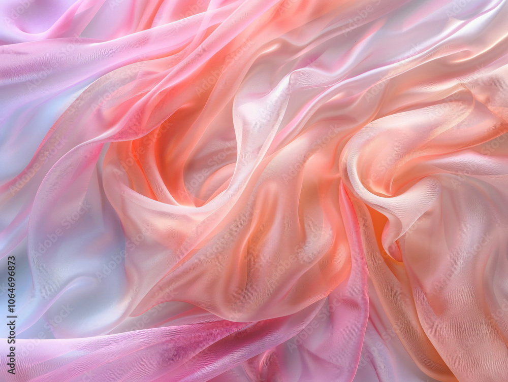 Poster a close-up view of flowing silk fabric in soft pastel colors of pink and peach, creating a smooth an