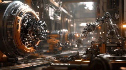 Fototapeta premium Robotic arm assembling complex machinery in futuristic factory.