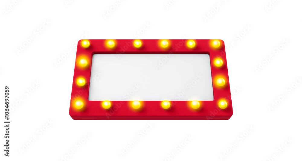 Poster 3d rendering, realistic red cinema sign mock up with light around, blank empty space, front bottom u