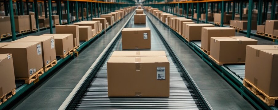 Smooth warehouse with boxes being scanned and sorted on a conveyor belt showcasing the efficiency and automation of logistics and inventory management processes