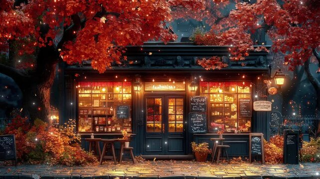 Experience the warmth of an inviting café illuminated by autumn lights, embraced by a tapestry of colorful leaves. seamless looping 4K time-lapse virtual video animation background