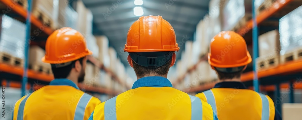 Poster coordinated warehouse ensure efficient logistics for team of workers in safety gear managing tasks a