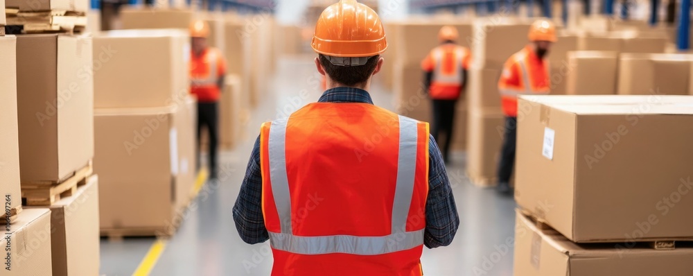 Poster coordinated warehouse with safety focused team efficiently organizing tasks and inventory in an indu