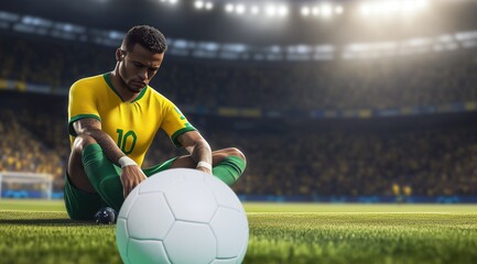Un joueur de football noir, assis sur le terrain à côté du  ballon avec une expression triste, portant un maillot jaune et vert, avec une posture reflétant une humeur de déception, après une défaite.