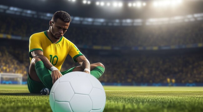 Un joueur de football noir, assis sur le terrain &agrave; c&ocirc;t&eacute; du  ballon avec une expression triste, portant un maillot jaune et vert, avec une posture refl&eacute;tant une humeur de d&eacute;ception, apr&egrave;s une d&eacute;faite.
