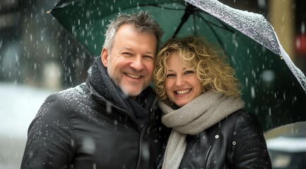 Obraz premium Un couple d'âge moyen, amoureux, souriant à la caméra, se tenant sous un parapluie sous la neige, l'arrière-plan est une rue floue, créant une scène hivernale chaleureuse.