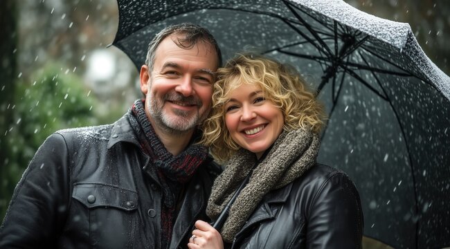 Un couple d'&acirc;ge moyen, homme, femme, amoureux, souriant &agrave; la cam&eacute;ra, se tenant sous un parapluie sous la neige, l'arri&egrave;re-plan est une rue floue, cr&eacute;ant une sc&egrave;ne hivernale chaleureuse.