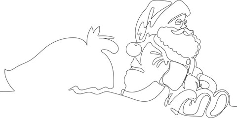 Outlined Cute Santa Claus Cartoon Character With A Sack Full Of Gifts. Vector Hand Drawn Illustration. One continuous line drawing Santa Claus on reindeer and sled. concept for Christmas and New Year